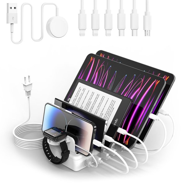 ₂₀₂₃𝘕𝘦𝘸 Charging Station Multiple Charger Station - 6-Port USB Fast Charging Dock 50W Organizer Station with Watch Charger for iPhone|Android Cell Phone|iPad|Kindle|Watch|Tablet