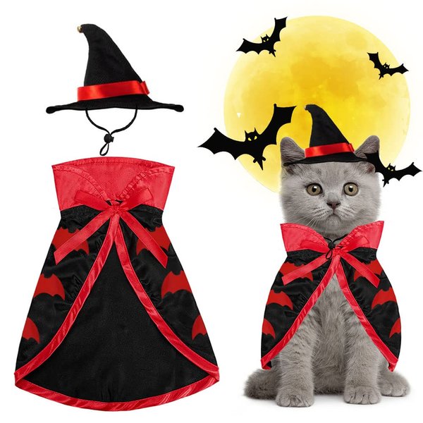 Estivaux Pet Halloween Costumes Dogs Cats Halloween Vampire Pets Costume Cape with Black Red Witch Hat Wizard Cats Cosplay Clothes Apparel for Small Dogs Cats Halloween Party Decorations