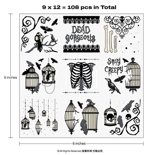 Cheerland Halloween Crow and Cage Tattoos - Raven Skull, Bird Skeleton, Black Lace, Dead Gorgeous, Stay Creepy - 108 pcs Party Stickers, Party Decorations and Favors…