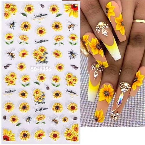 Puyokinm Paper 5D Embossed Sunflower Nail Art Stickers, 4 Sheets, Yellow, for Women Girls Manicure Decoration