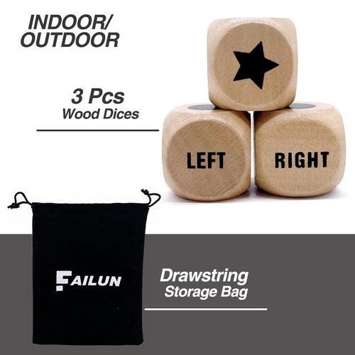 FAILUN 3Pcs Left Right Center Game Dice 1 inch Wooden Dice with Drawstring Bag, Easy to Store and Carry Around, Convenient for Travel.