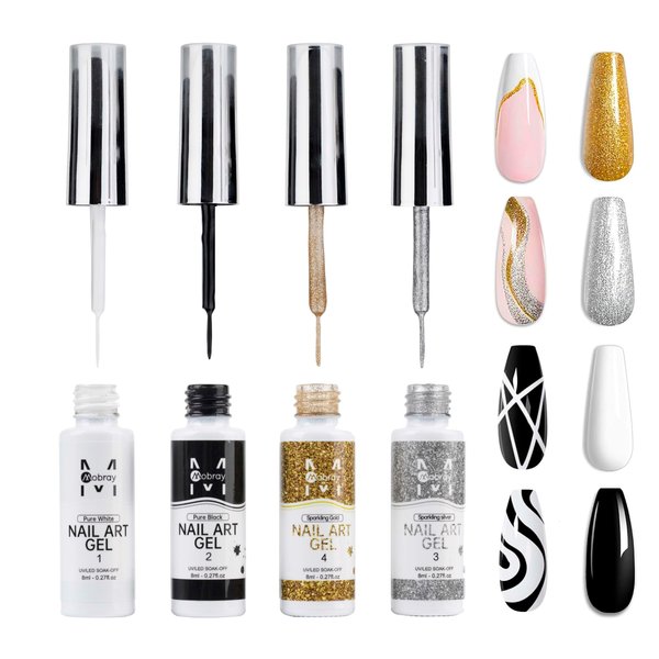 GOFLORDEN Gel Liner Nail Art Polish Set Gel Liner Nail Art Kit For Nail Design, 4 Colors Black White Gold Silver Design Paint with Thin Brush for French Tip Manicure DIY Nail Art, 8ML