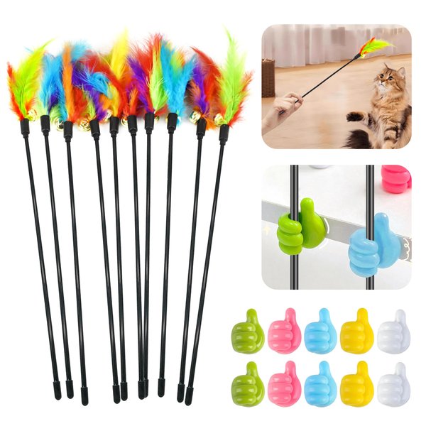 SUPERPAWS 10Pcs Interactive Cat Toys Feather Toys Cat Toys Wand with 10Pcs Cat Teaser Stick Storage Holder for Indoor Cats to Chase and Exercise