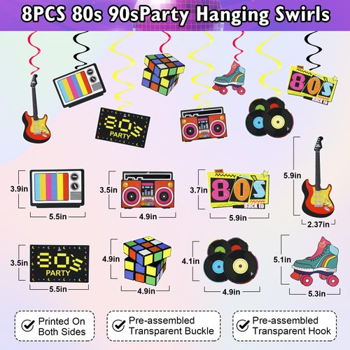 Amandir 80s 90s Party Decorations, 114Pcs Balloon Arch Kit 80's 90's Hanging Swirls Inflatable Disco Ball Radio Boom Box Retro Mobile Phone Balloons for Back to 80s 90s Hip Hop Birthday Supplies
