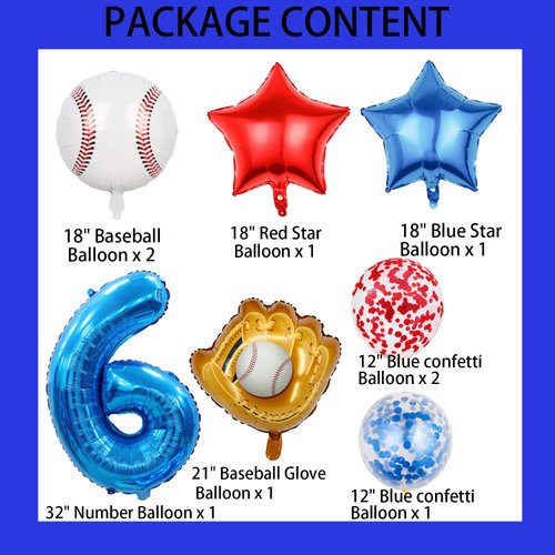 HADCKJA Baseball Balloon Baseball Birthday Party Supplies Number 6 Balloon Baseball Glove Balloon Red Blue Star Red Blue Confetti Balloon for Boy Shower Decorations Birthday Party Decorations 9Pcs