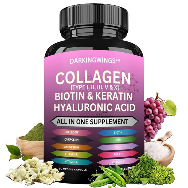 Collagen Pills Peptides Types I, II, III, V & X MCG Biotin Keratin Hyaluronic Acid MSM Vitamin A Vitamin C Vitamin E Zinc Magnesium with Grape Seed Extract, Quercetin - Hair Skin and Nails Vitamins