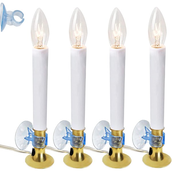4E's Novelty Dusk to Dawn Electric Christmas Window Candles with Auto Sensor, Plug in 4 Pack Bulk - with Suction Cup Holder & Extra Bulb