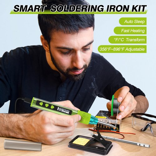 Soldering Iron Kit, Soldering Gun with OLED Digital Display, 8 Seconds Fast Heating 356-896℉ Solder Kit, Auto Sleep, Includes Solder Wire, Stand, T12 Tips for Electronics, Green(With Power Adapter)