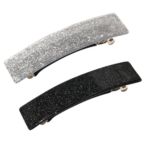 2 Pack Shiny Black and Silver Tortoise Shell Hair Barrettes Acetate Hair Clips Metal Ponytail Holder Acetate French Side Hair Pins Hair Slide Stylish for Fine Hair Women Girl Hair Jewelry Accessories