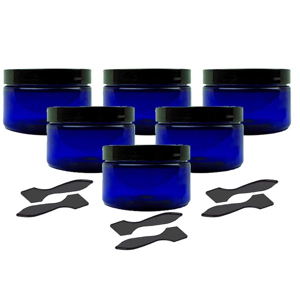 Grand Parfums 6 Cobalt Blue Low Profile 4 Oz Jars PET Plastic Empty Cosmetic Containers, Black Caps, Sugar Scrub, Powder, Body Cream, Lotion, Beads