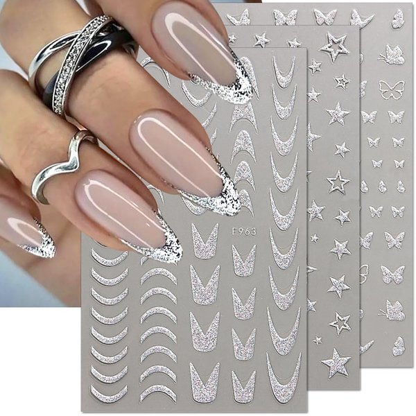 3D Silver Glitter French Nail Sticker, 8 Sheets Heart Butterfly Star Nail Stickers for Women Stripe Wave Lines Nail Art Stickers Swirl Line Nail Decals Reflective French Nails Stickers Nail Supplies