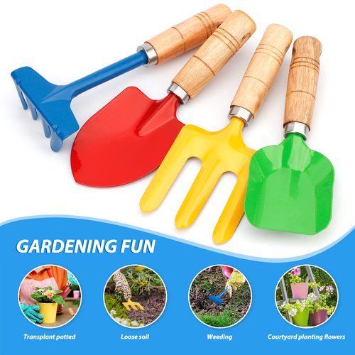 Anzmtosn Kids Metal Garden Tool Set Sand Toy, Rake, Spade, Hoe and Leaf Rake, Beach Shovels Scoop Toy, Essential Toddler Sandbox Kit Beach Gear Accessories Outdoor Gardening, 4 Pack