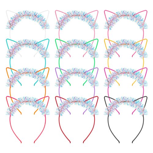 ANBALA Cat Ears Headbands 12Pcs Plastic Hairbands Glitter Cat Headbands Sparking Ribbon Hair Accessories for Women Girls Halloween, Daily Wearing and Party Favors (Colorful)