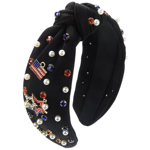 TailaiMei 4th of July Rhinestone Knotted Headband for Women, USA Flag Star Jeweled Crystal Embellished Ladies Twist Wide Hair Band Accessories Holiday Makeup Hair Hoop Gifts (Black)