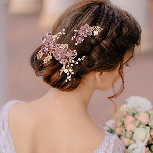 NUOBESTY 4Pcs Wedding Hair Clip Comb Handmade Bridal Hair Clip Pearl Floral Leaf Hair Accessories for Women Wedding (Purple)