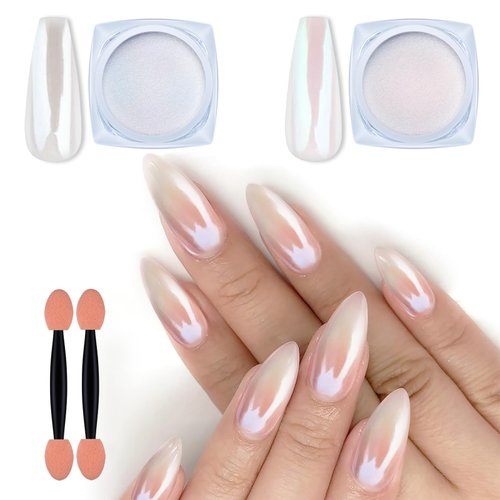 Artdone 2 Jars Chrome Nail Powder White Pearl and Red Pearl,Iridescent Aurora Powder Metallic Mirror Effect Pigment Pearlescent Mermaid Pigment Pearl Glitter Dust Kit,Nail Art Decoration, Resin Craft