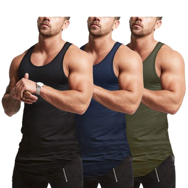 Mens 3Pack Workout Stringer Tank Tops Fitness Performance Muscle Sleeveless Shirts Gym Training Bodybuilding Vest(AGNYBK L)