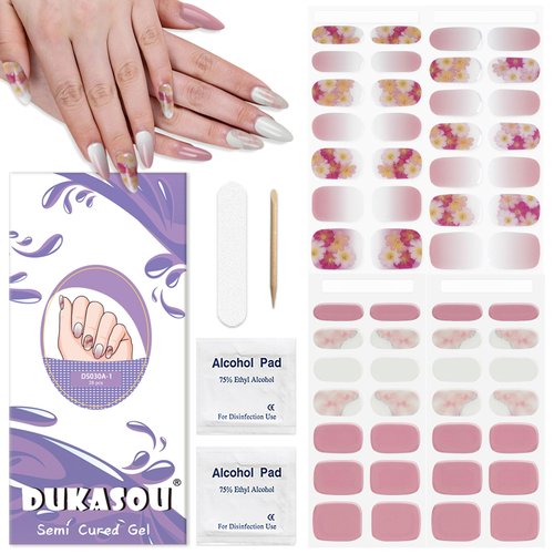 DUKASOU Semi Cured Gel Nail Strips 2 Set, (Gradient Pink/Flower) 56 Pcs Gel Nail Wraps,Stickers Works with Any UV/LED Lamps,Long Lasting,Salon-Quality, Easy to Apply