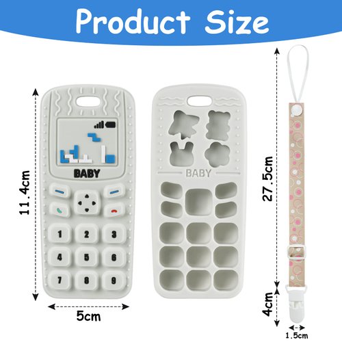 Aolso Baby Teether Toys, Silicone Baby Teething Toys Phone Shape with Pacifier Clip, Soft Teething Toys for Toddlers, BPA Free, Boys Girls Baby Chew Toys, Teethers for Babies 0-6 Months (Beige)