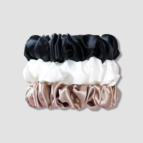QIYUE 100% Mulberry Silk Scrunchies for Hair,3PCS 22 Momme Silk Hair Ties,Scrunchies for Women Girls，Hair Ties Ropes Ponytail Holder (Black,Light Gold,Lvory)