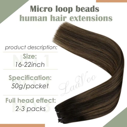 LAAVOO Micro Ring Weft Hair Extensions Balayage Darkest Brown Ombre Light Brown Beaded Hair Extensions Human Hair Silky Straight Easy Weft Hair Extensions Real Human Hair 18 Inch 50g