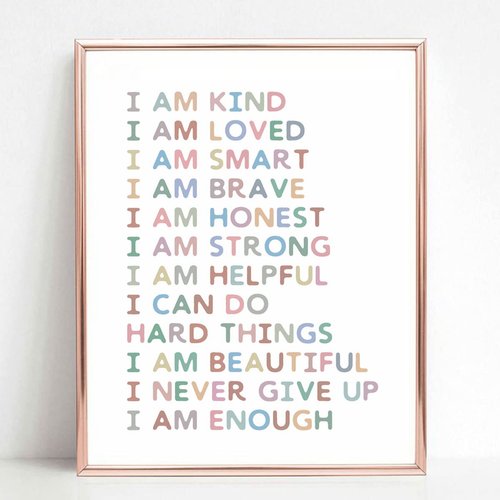 Affirmations Art Print, Gift For Kids, Kid Affirmations Wall Decor, Playroom Decor, Kids Bedroom Decor, I Am Kind I Am Enough, Nursery Decor Print, Colorful Wall Art, UNFRAMED (11X14 INCH)