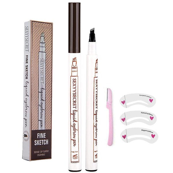 Liquid Eyebrow Pen 4 Points Eyebrow Pen Waterproof Fork Tip Eyebrow Pencil Long Lasting Microblading Eyebrow Pen Makeup with a Micro-Fork Tip (4#Black)