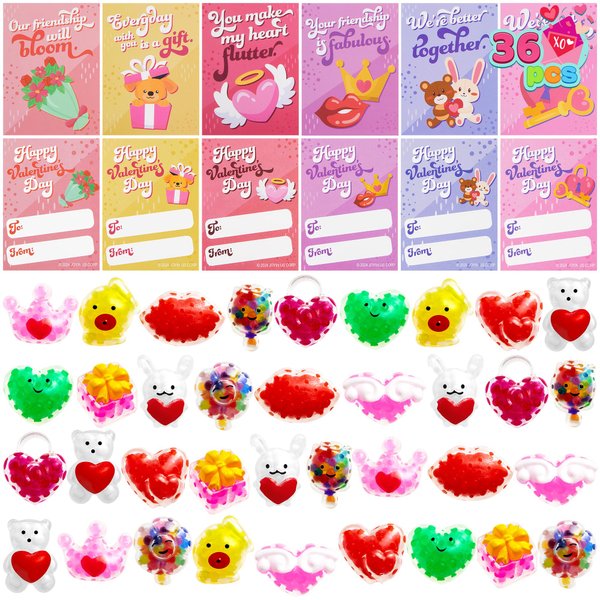 JOYIN 36 Packs Valentine’s Day Mochi with Heart Gift Cards, Mini Critter Squeeze Balls, Stress Fidget Relief, Valentine‘s Party Favors, Exchange Gifts