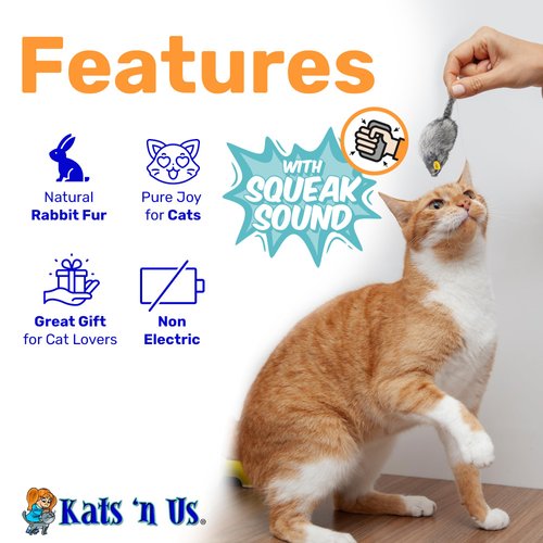 Kats'N Us Rabbit Fur Mouse Cat Toy - Gray with Squeak Sound - Interactive Cat Toys, Real Fur Mice - Furry Mouse Toy