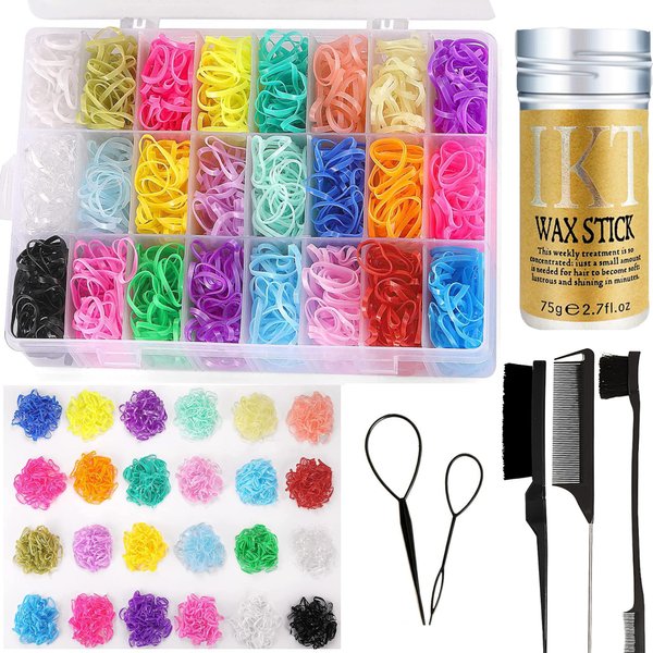 Elastic Hair Ties, Elastic Hair Bands Mini Hair Rubber Bands with Hair Styling Tools Hair Brush, Edge Brush, Rat Tail Comb and Hair Wax Stick (24 Colors Hair Ties)