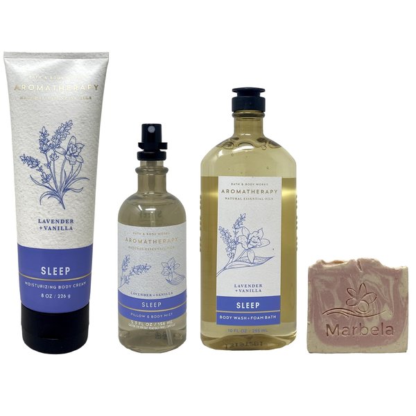 Bath & Body Works Aromatherapy Sleep Lavender Vanilla 3 Piece Set - Pillow Mist ,Body Wash and Body Cream with a Himalayan Salts Springs Sample Soap