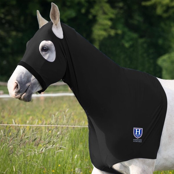 Harrison Howard Horse Stretch Hood Without Ears Snug Fitting Hood with Zip Closure Covers Face, Shoulders, Mane, Chest and Withers Perfect for Show/Event Preparation - Black