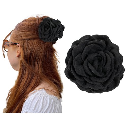 Rose Flower Claws Clips for Women Fabric Flower Charm Hair Clips Medium Octopus Hair Clips Strong Grip Non-slip Jaw Clips for Thick and Medium Hair Big Claw Hair Clips Hair Accessories 1pcs(black)
