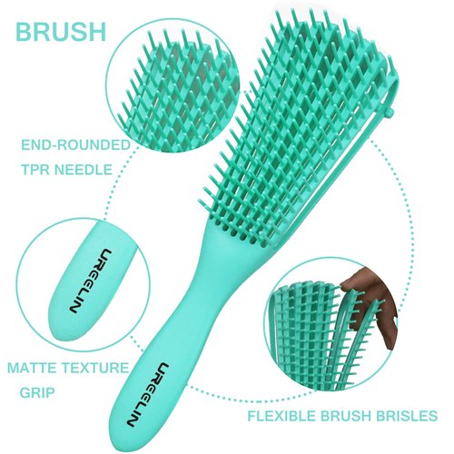 UREELIN Detangling Brush set, Detanger Hair Brush Edge&Back brush for Curly Hair Brush with Rat Tail Comb Alligator Hair Clips for 3a to 4c Kinky Wavy/Curly/Coily/Wet/Dry/Oil/Thick/Long Hair(Green)
