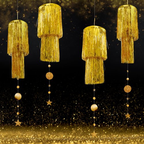 Cheerland Gold Hanging Chandelier 2 Tier Tinsel Fringed Ceiling Decor with Circle Star Garland For Kids Room Decor Birthday Decoration Wedding Anniversary Milestones New Year Eve Party Supplies