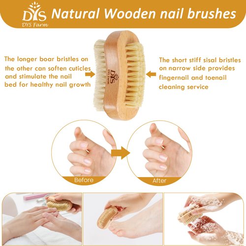 Wooden Fingernail Nail Brushes for Cleaning, Finger Nails Scrub Brush to Clean Fingernails Toenails, Natural Boar Sisal Bristle Two-sided Non-slip Hand Foot Nails Cleaner Scrubber for Men Women Kids