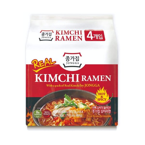 JONGGA Kimchi Ramen with Real Kimchi, Korean Instant Spicy Noodle Soup, Best Tasting Noodle Soup, Hot and Savory with Authentic Kimchi, Ready to Eat (Pack of 4)