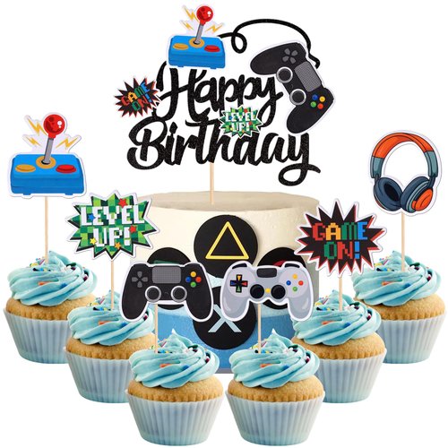 25 PCS Video Game Cupcake Toppers Video Game Happy Birthday Cake Topper Game On Controllers Cupcake Picks GamePad Cake Decorations for Game Theme Baby Shower Kids Birthday Party Supplies