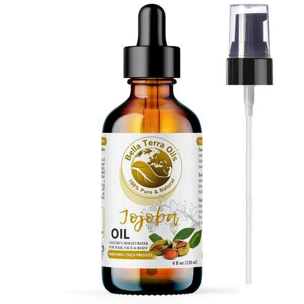 Bella Terra Oils Jojoba Oil. 4oz. 100% Pure. Cold-pressed. Unrefined. Organic. Chemical-free. Soothes Skin. Nourishes Hair. Natural Moisturizer for Hair, Skin, Nails, Beard, Stretch Marks