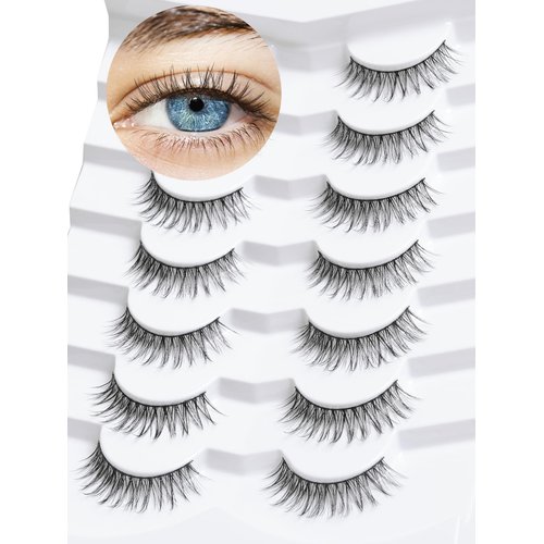 False Eyelashes Natural Look Wispy Lashes 10mm Short Lashes C Curl Strip Lashes 0.1MM Thin Band Lashes Pack Fake Eyelashes Siligli Eyelashes 7 Pair