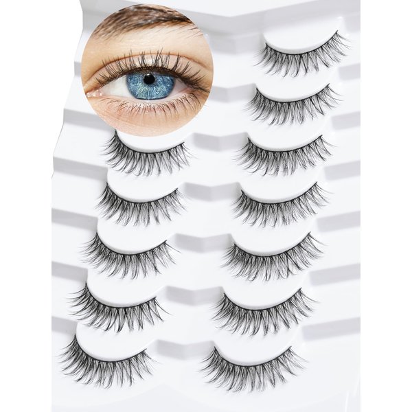 False Eyelashes Natural Look Wispy Lashes 10mm Short Lashes C Curl Strip Lashes 0.1MM Thin Band Lashes Pack Fake Eyelashes Siligli Eyelashes 7 Pair