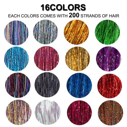 16 Colors Hair Tinsel Kit with Tools 3200 Strands Glitter Tinsel Hair Extensions Heat Resistant Sparkling Shiny Fairy Hair Accessories for Women Girl Kids 47Inch