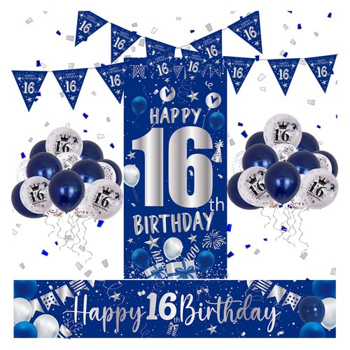 16th Birthday Decorations for Boys Girls, Happy 16th Birthday Banner Blue and Silver 16th Birthday Balloons Happy Birthday Backdrop Door Banner Confetti Balloons 16 Year Old Party Supplies