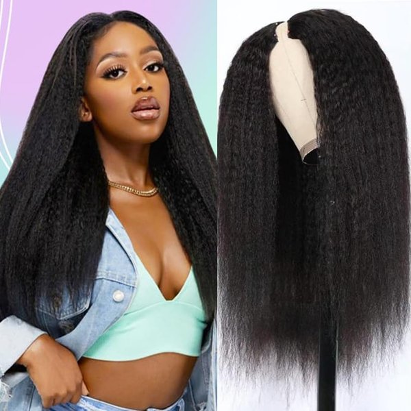 V Part Wig Human Hair Wigs for Women 180 Density Kinky Straight V Part Wig 12A Virgin Hair Yaki Straight U Part Human Hair Wigs V Shape Wigs Glueless Wig No Sew in Full Head Clip In Half Wig 16 inch