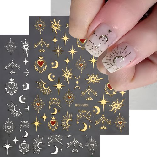 SPLOCUDU 12 Sheets Star Nail Stickers for Nail Art 3D Self-Adhesive Nail Art Stickers Gold Silver Sun Moon Heart Nail Art Design Decoration Accessories for Women