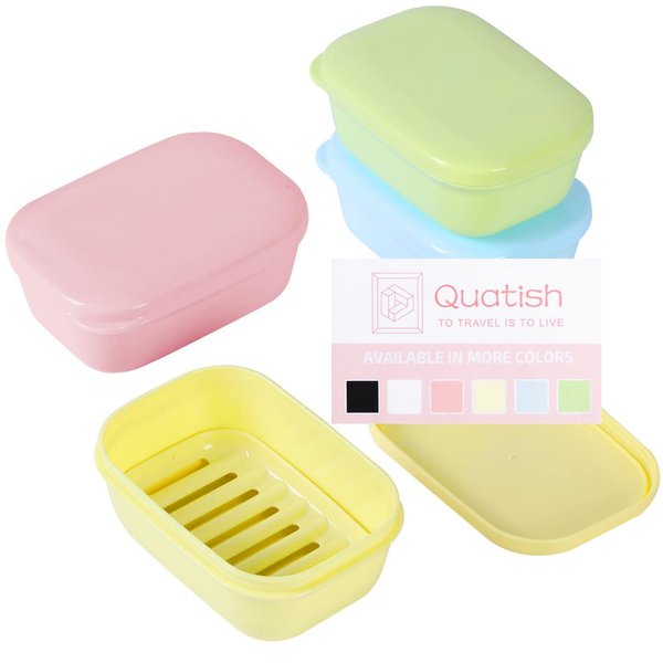 Quatish 4 Pack Soap Holder, Travel Soap Container with Lid, Portable Bar Soap Case, Leakproof Soap Box with Perforations, Soap Dishes for Traveling, Camping, Gym (Four Color)