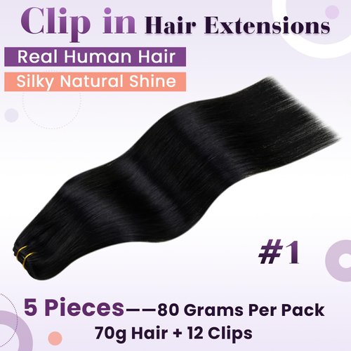 LaaVoo Hair Extensions Real Human Hair Clip in Jet Black Hair Extensions Clip ins #1 Black Clip in Hair Extensions Black Women Long Straight Double Weft 22 Inch 5pcs 80g