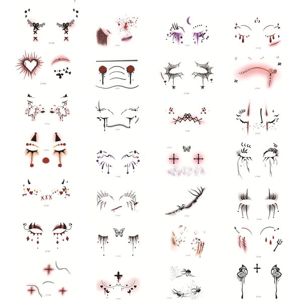 Halloween Face and Eye Temporary Tattoos Spider Blood Rose Bats Butterfly Scar Dark Waterproof Fashion Fake Tattoo Stickers Ideal for Halloween Party Looks and Cosplay, Makeup Tattoos Kit (28 Sheets)
