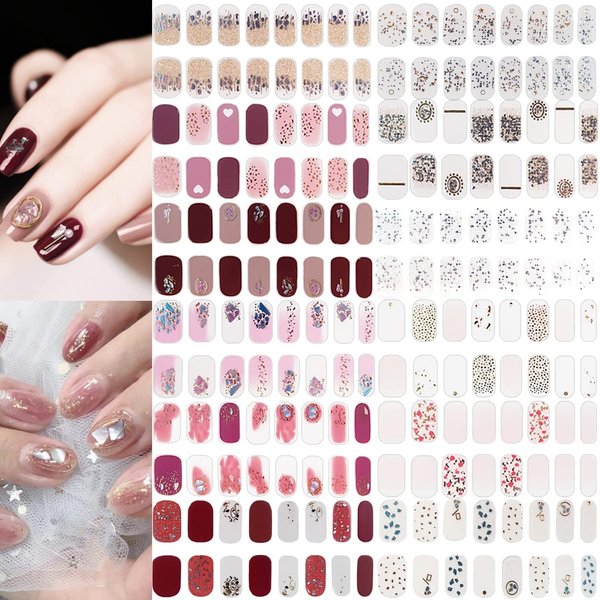NAILDOKI Nail Stickers 12 Sheets x 16 Pieces Full Wraps Nail Polish Strips, Self-Adhesive Gel Nail Art Decals for Women Girls