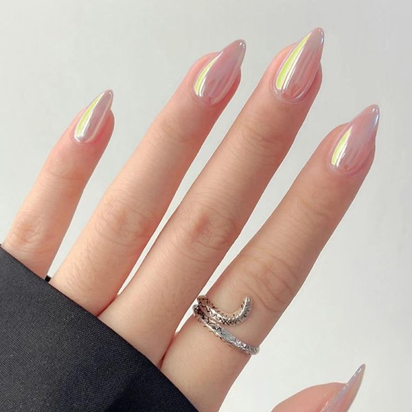 24 Pcs Short Almond Press on Nails, ASONRL Aurora Pink Solid Glossy Medium Fake Nails - Nail Kit with Nail Glue Mini Nail File Reusable Acrylic False Nails for Women, Almond Pink Aurora